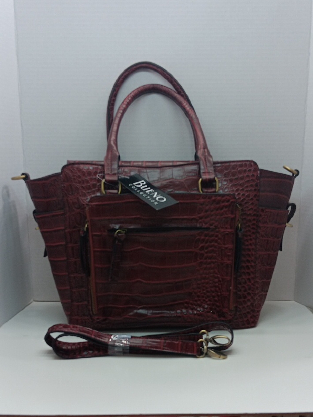 Ɓueno New Women's Croc-Embossed Satchel Bag in Burgundy 17 ×6×10